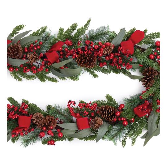 Melrose 6ft. Green Fresh Touch Pine, Pinecones & Berry with Ribbon Decorative Garland